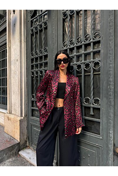 minaaise Kadın Bordo Floş Saten Astarlı Leopar Desenli Ceket 28086