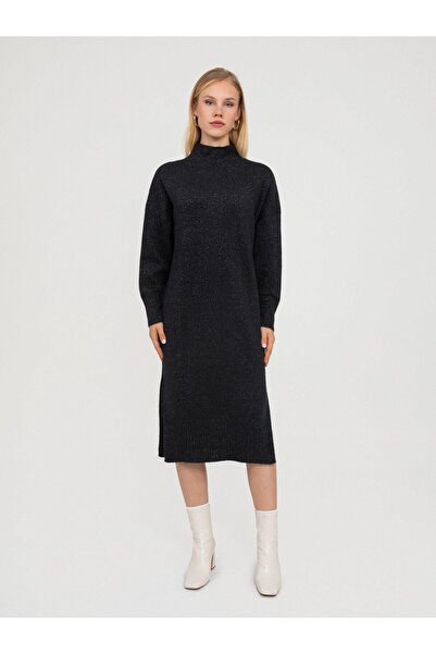 Serianno Organik Pamuk Karışımlı Balıkçı Yaka Elbise Elb7420sıyah