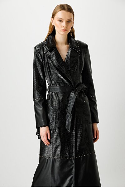 Moda İlgi Modailgi Krokodil Desen Zımba Detaylı Deri Trenç Siyah