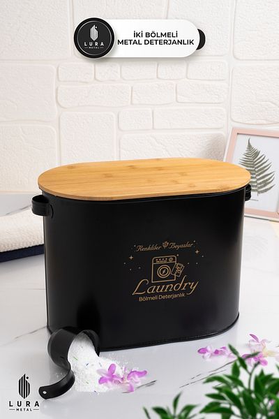 Lura Metal Cutie de depozitare pentru detergent pentru tablete din metal, neagră, de 12 litri, cu capac din bambus cu două compartimente - Organizator pentru baie