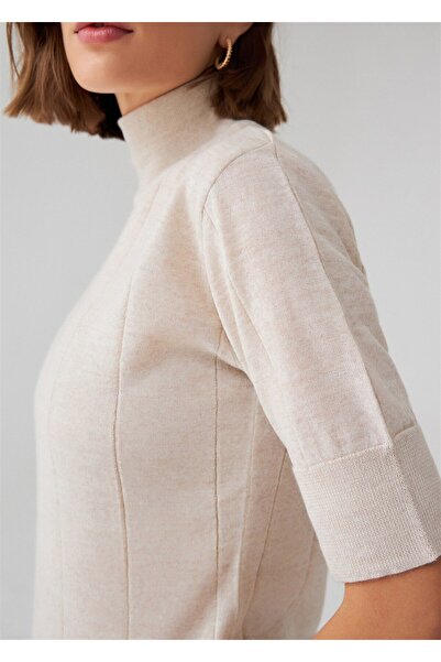 Peraluna Betty Blouse - Turtleneck, Short Sleeve, Thin Design, Ecru Melange Women's Knitwear Blouse