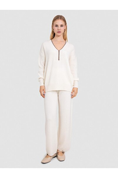 Serianno Kaşmir Ve Yün Karışımlı Metalik Ip Detaylı Fitilli Kazak Kzk7970kemık