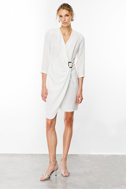 Moda İlgi Modailgi  Truvakar Kol Tokalı Kruvaze Elbise Ekru