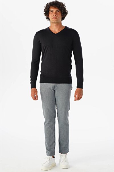 SÜVARİ Süvari Rahat Kalıp Yünlü Düz Lacivert V Yaka Triko