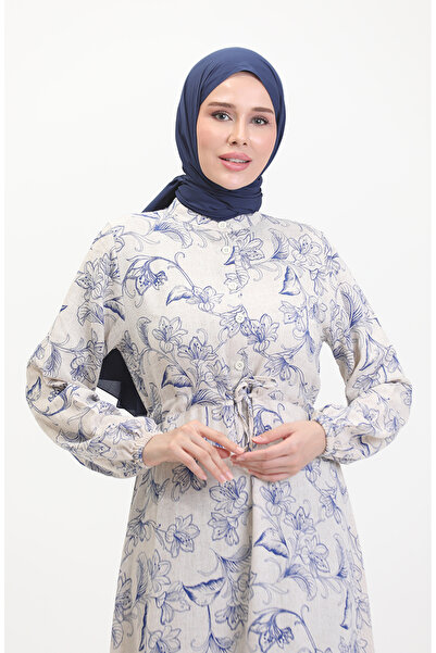 sefamerve Μπεζ λινό φόρεμα Saks - Μπροστινά κουμπιά και κορδόνια 0520-04