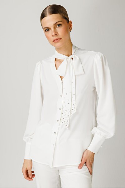Moda İlgi Modailgi  Kravat Yakalı İnci Detaylı Gömlek Ekru