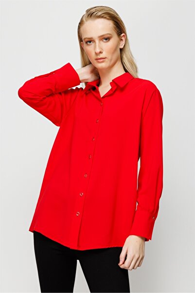 Moda İlgi Modailgi Düşük Omuzlu Salaş Gömlek Kırmızı