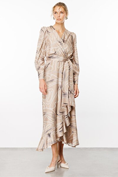 Moda İlgi Modailgi  Desenli Jakar Kruvaze Elbise Vizon