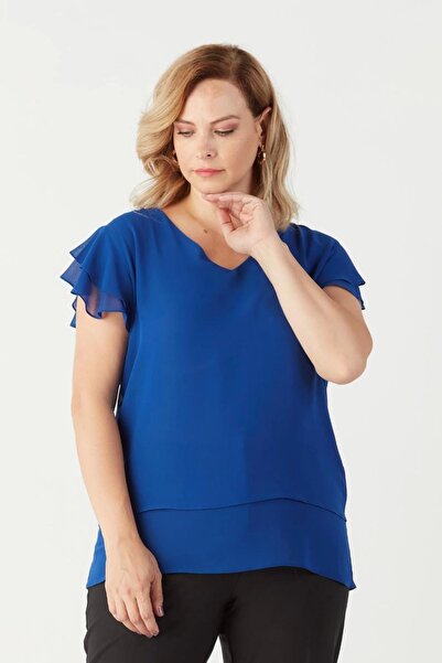 Moda Berray 3249 Omuz Fırfırlı Şifon Büyük Beden Şık Bluz Saks