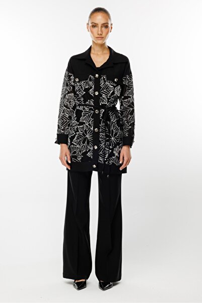 Moda İlgi Modailgi  Organze Çiçek Dantel Atletli Uzun Ceket Siyah