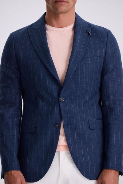 Jakamen Μπλε Navy Slim Fit Στραγγιστής γιακάς Ριγέ λινό βαμβακερό εποχιακό μπουφάν