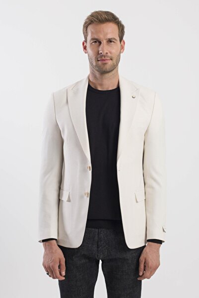Jakamen Krem Slim Fit Desenli Sivri Yaka Ceket