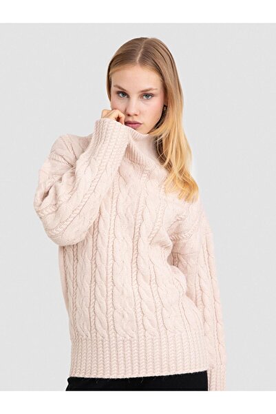 Serianno Alpaka Karışımlı Kablo Örgü Dik Yaka Kazak KZK8404BEJ