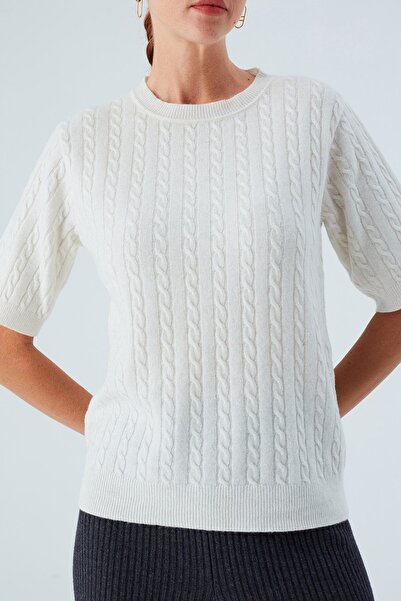 Peraluna Nicole Blouse - Women's Knitwear Ecru Blouse with Braid Hair, Short Sleeve and Cashmere
