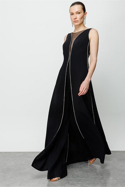Moda İlgi Modailgi Jewelled Striped Jumpsuit Black