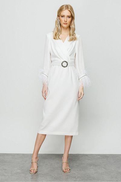 Moda İlgi Modailgi Long Dress with Pleated Sleeves and Ribbed Cuffs Ecru