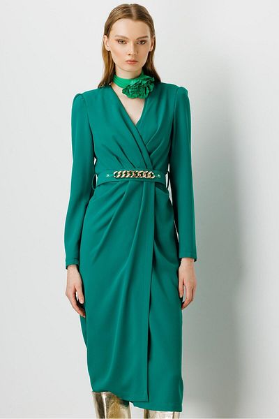 Moda İlgi Modailgi Διπλό Μίντι Φόρεμα Σμαραγδένιο με ζώνη