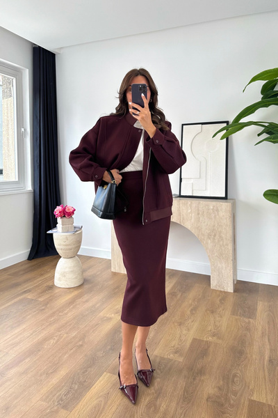 BİRCANÇİL Loresa Burgundy Stamped Bomber Jacket-Skirt Set