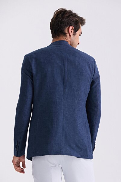 Jakamen Dark Navy Slim Fit Mono Collar Linen Sports Jacket