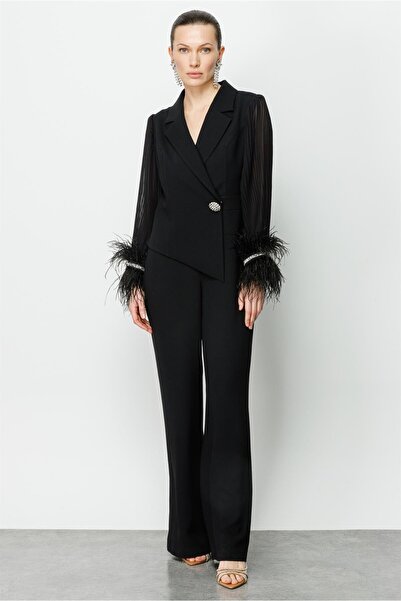 Moda İlgi Modailgi Kolları Pliseli Otrişli Tulum Siyah