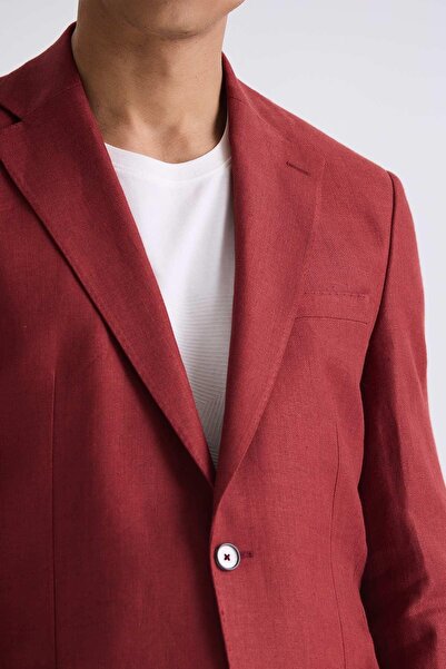Jakamen Red Slim Fit Mono Collar Linen Sports Jacket