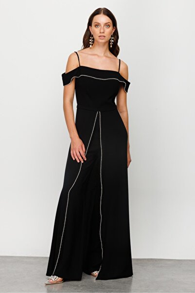 Moda İlgi Modailgi Taş Şeritli Tulum Siyah