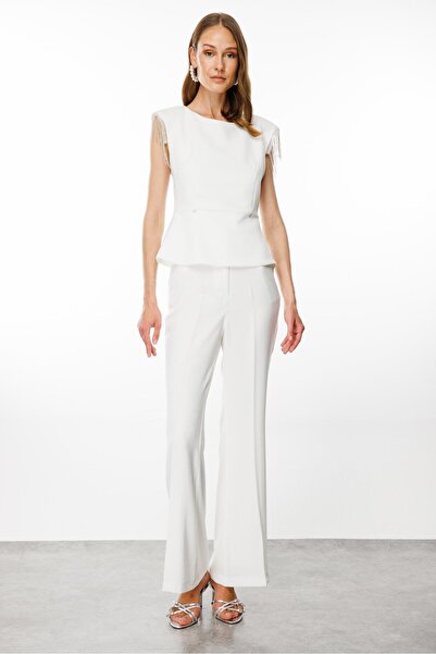 Moda İlgi Modailgi  Omuzdan Taş Püsküllü Beli Zincir Detaylı Kolsuz Bluz Ekru