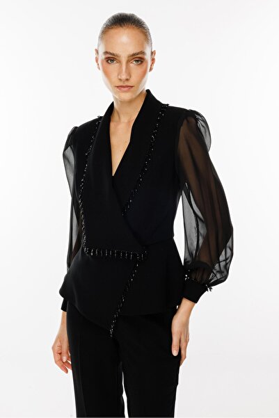 Moda İlgi Black Short Jacket - Fashion and Bead Detailed