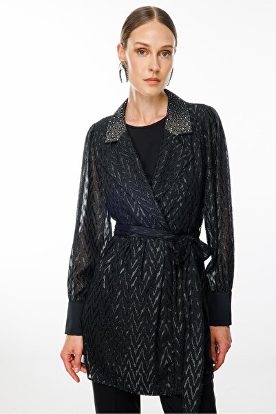 Moda İlgi Modailgi Yakası Taşlı Simli Jakar Uzun Organze Tunik Siyah