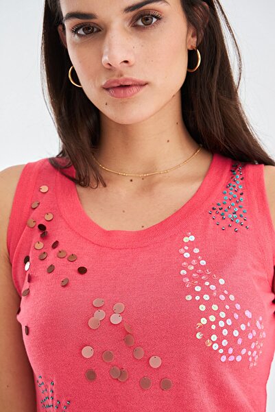 Peraluna Women's Knitwear Blouse - Summer, Thin Sequin Embroidered, Coral Model