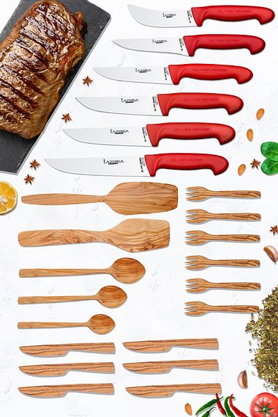 LAZBİSA Silver Series Kitchen Knife Set and Montesev Wooden Olive Spoon Set (23 Pieces)