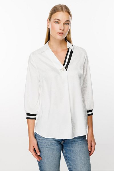 Moda İlgi Ecru Jacquard Blouse - Fashionable, Ribbed and Polka Dot