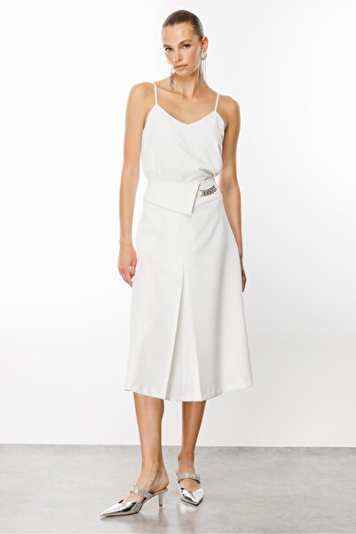 Moda İlgi Modailgi  Yüksek Bel Kemeri Tokalı Midi Boy Pilikaşe Etek Ekru