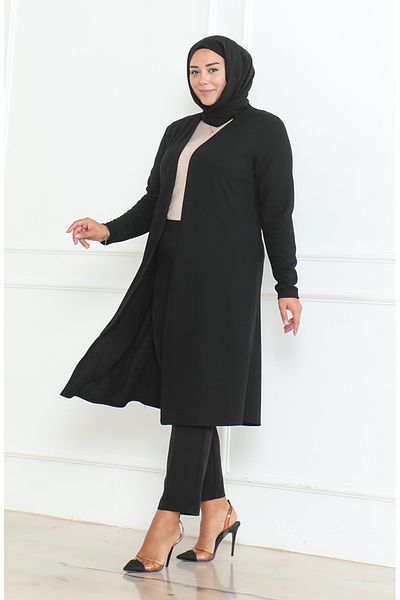 sefamerve Cardigan lung de sezon drapat de mărime mare 8740a-01 negru