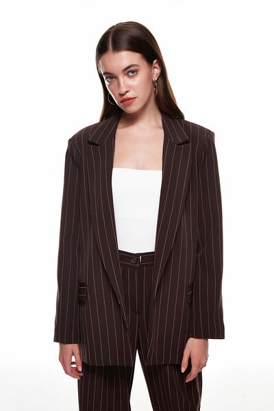 Quzu Ριγέ Λεπτομερές Blazer Jacket Καφέ