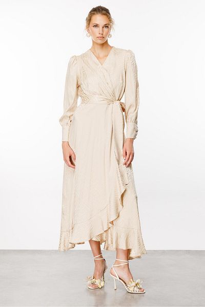Moda İlgi Stone Colored Fashionable Jacquard Double Breasted Dress