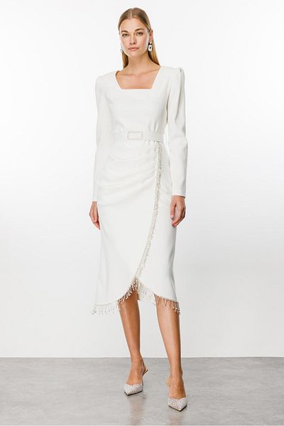 Moda İlgi Modailgi Fringe Stone Λεπτομερές Φόρεμα Εκρού