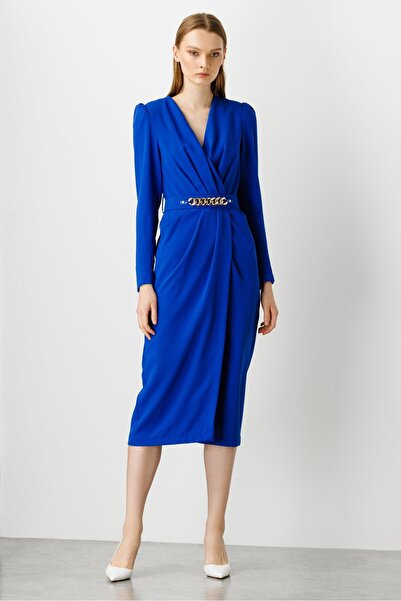 Moda İlgi Modailgi Kruvaze Kemerli Midi Boy Elbise Saks