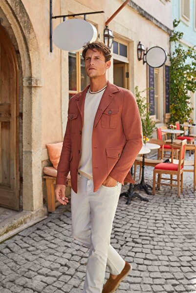 Jakamen Kiremit Slim Fit Cepli Keten Pamuk Mevsimlik Safari Ceket