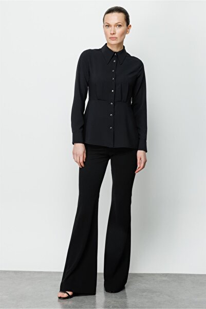 Moda İlgi Modailgi Sivri Yaka Beli Pile Detaylı Gömlek Siyah