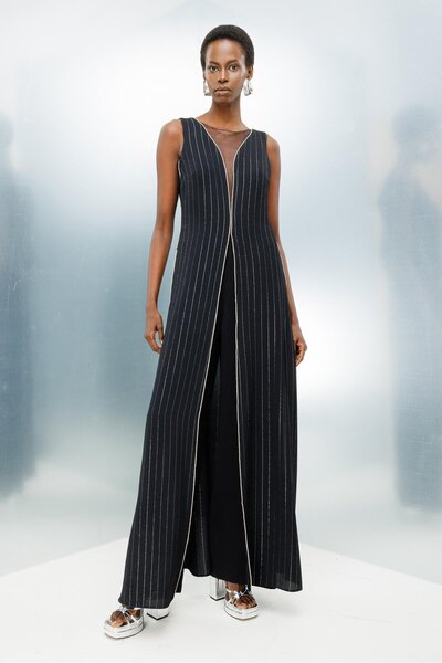 Moda İlgi Modailgi  Taş Şeritli Simli Çizgili Tulum Siyah