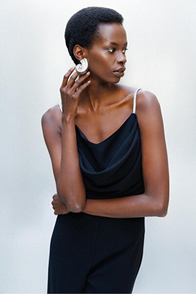 Moda İlgi Modailgi  Drape Detaylı Askılı Tulum Siyah