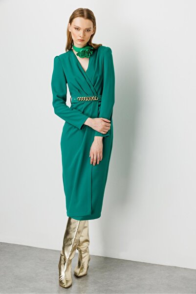 Moda İlgi Modailgi Διπλό Μίντι Φόρεμα Σμαραγδένιο με ζώνη