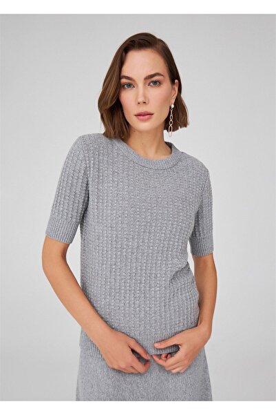 Peraluna Gray Melange Women's Knitwear Blouse - Crew Neck, Half Sleeve, Cashmere Blend