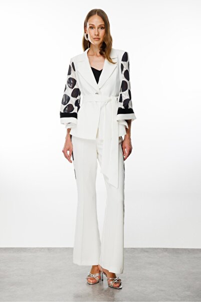 Moda İlgi Modailgi Sleeves Polka Dot Patterned Athlete Short Jacket Ecru