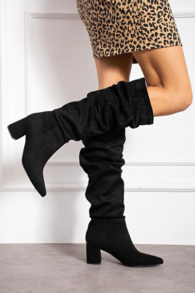 ShoeTek Annaliz Чорні замшеві жіночі чоботи - на товстому каблуці та з хутром