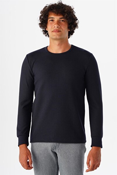 SÜVARİ Süvari O Yaka Uzun Kol Lacivert Waffle Desenli Slim Fit Erkek Triko