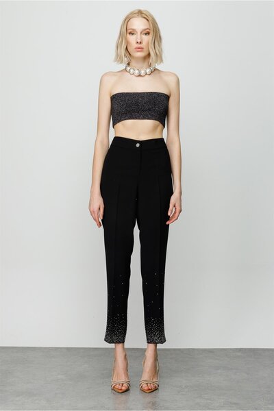 Moda İlgi Modailgi Paçası Taş Detaylı Bilek Boy Pantolon Siyah