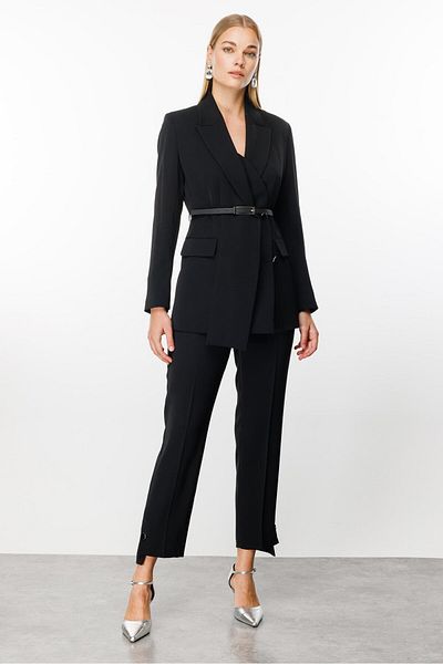 Moda İlgi Black Double Breasted Fashion Jacket - Double Layer and Belt