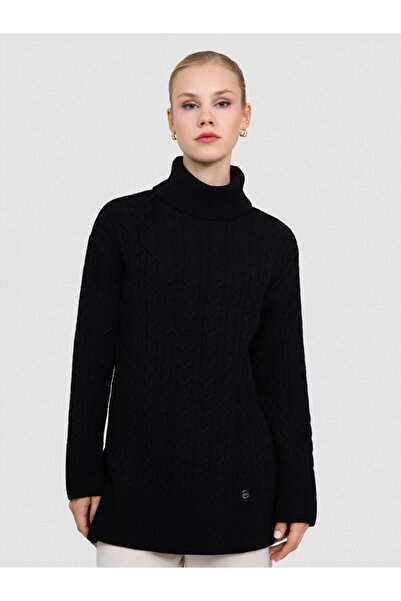 Serianno %100 Organik Yün Kablo Örgü Yüksek Yaka Kazak KZK8590SIYAH